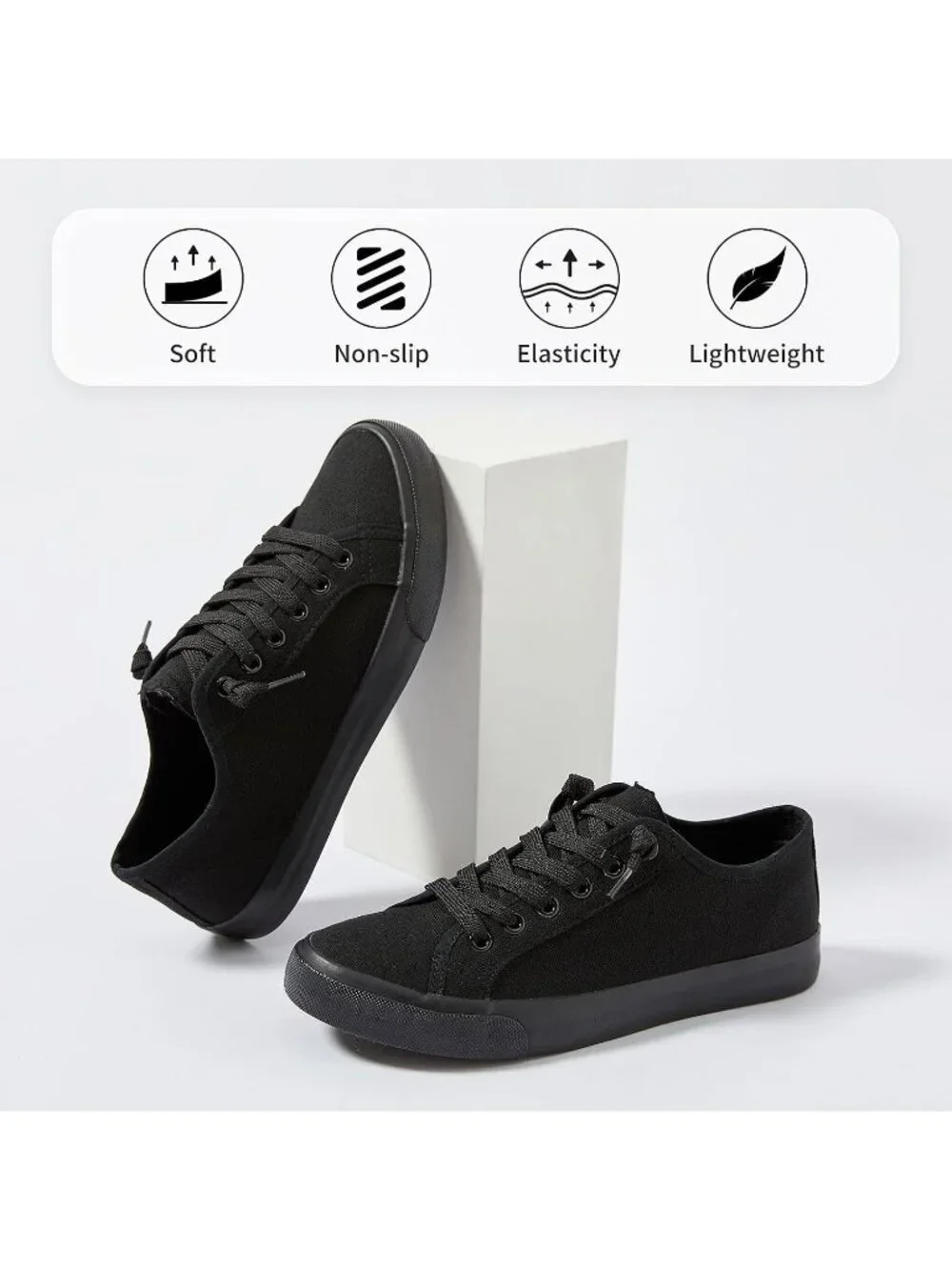 Women All Black Low Top Lace Up Canvas Solid Slip On Casual Loafer Sneaker Shoes
